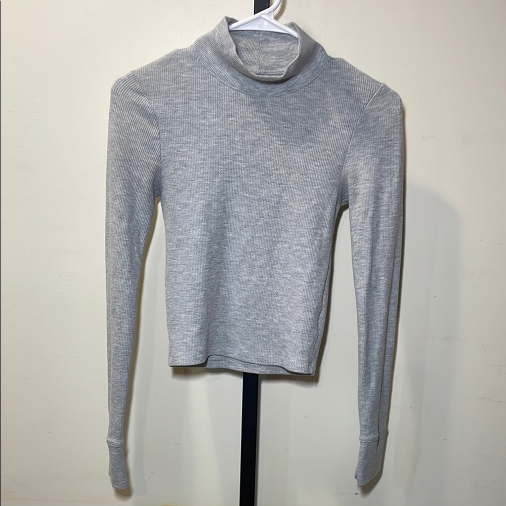 American Eagle Outfitters Gray Fitted Ribbed Long Sleeve Tee